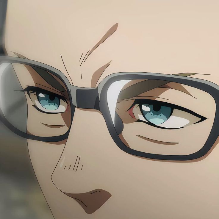 this is a closeup illustration of an anime man's face. he is wearing glasses and has a serious expression. the image focuses on his eyes, which are a bright blue. the lighting is soft, giving the image a gentle feel.