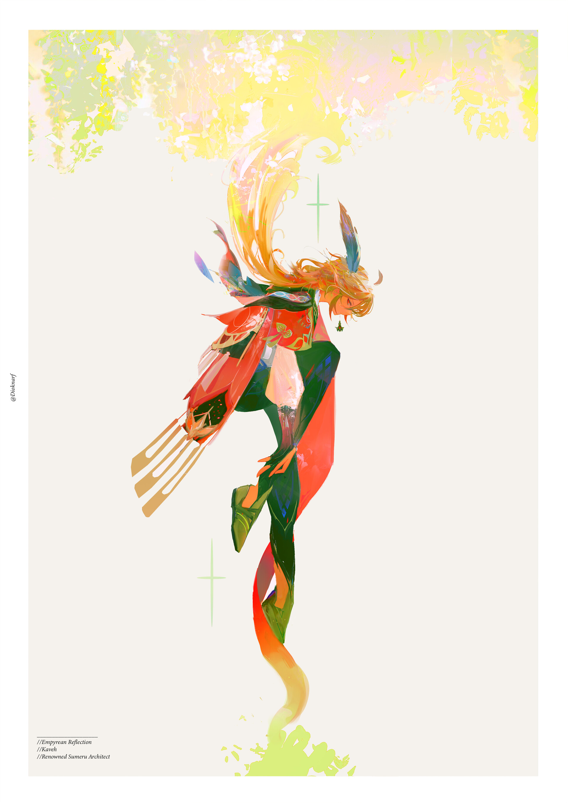 a whimsical illustration of a woman with long, flowing hair in a vibrant red outfit, suspended midair amidst a lush forest. her pose is dynamic and energetic, as if she's caught in midflight or dance. the scene is bathed in bright sunlight filtering through the leaves, creating a magical atmosphere.