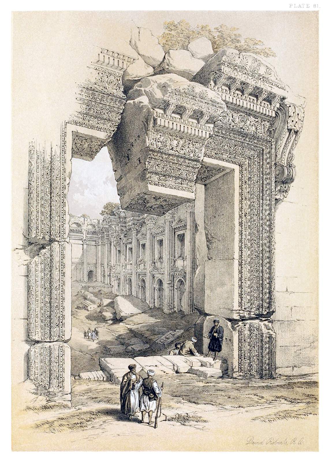 a 19thcentury drawing or etching depicts the ruins of an ancient building, possibly a temple, at baalbek, lebanon. the architecture is characterized by massive stone columns, elaborate doorways, and detailed carvings. several figures are present, including men in traditional oriental clothing, adding scale and a sense of historical context. the scene portrays a landscape of architectural fragments and an archaeological site in a state of decay, capturing the grandeur of the past.