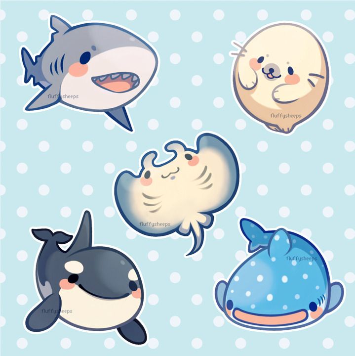 he image showcases a collection of adorable, stylized cartoon marine animals. each animal is rendered in a cute, chibistyle, with soft pastel colors and simplified features.  the animals include a shark, a seal, a stingray, an orca, and a whale shark. they are presented against a light blue background with white polka dots, suggesting a playful and whimsical aesthetic. the artist's signature, "fluffy sheep," appears on each animal.  the overall style suggests that these illustrations might be intended for stickers or other similar merchandise.
