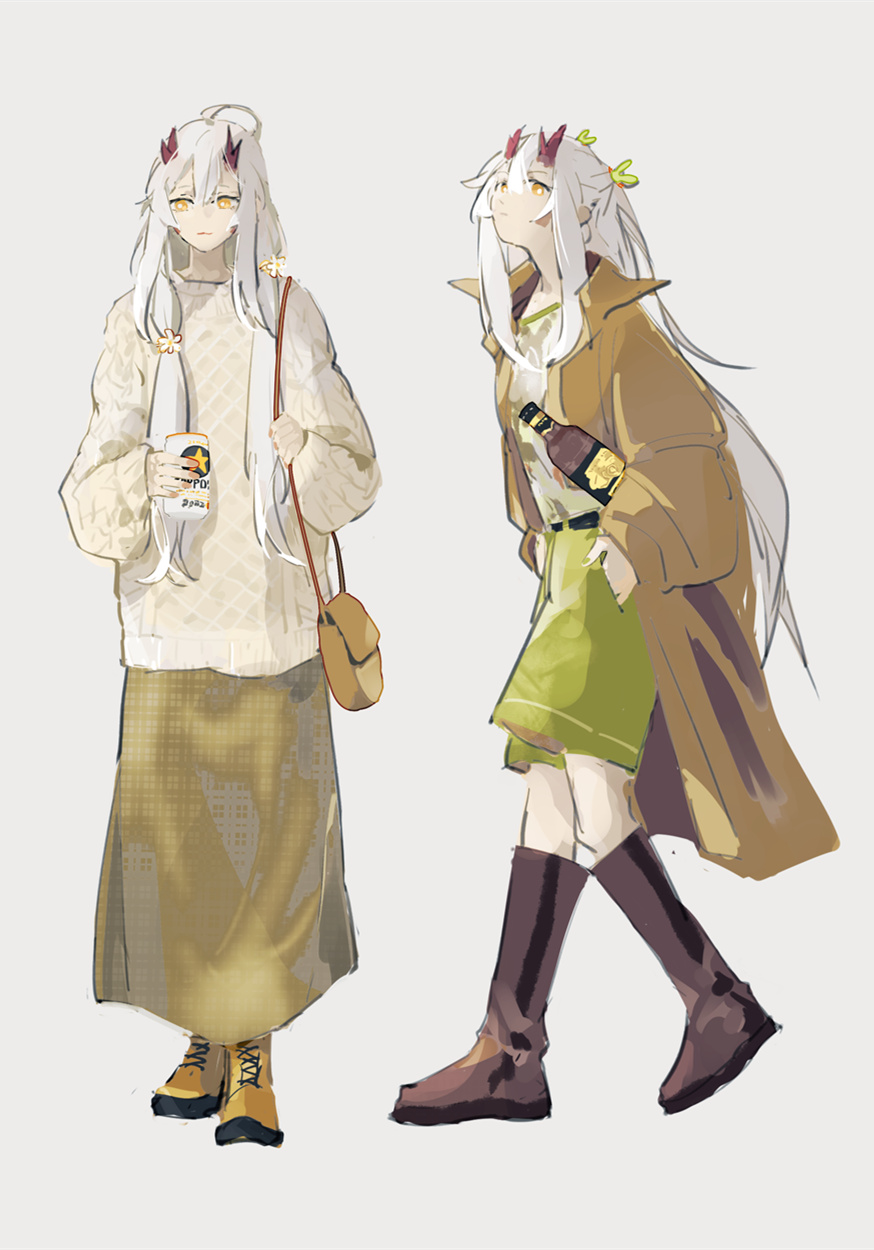 the image shows two anime girls with long white hair, wearing different outfits. the girl on the left is wearing a white sweater and a brown skirt with brown boots, holding a drink and a brown bag. the girl on the right is wearing a brown coat and a green skirt, walking with brown boots. they both have horns on their heads.