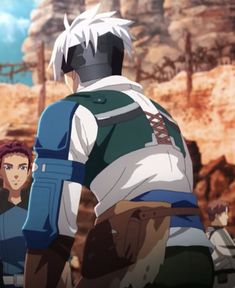 the image shows a side view of a young man with spiky white hair and blue armor on his left arm. he seems to be a warrior in a desert environment, potentially from an anime or fantasy game. his attire suggests combat readiness, and the presence of other figures in the background hints at a larger scene. the overall color scheme is warm and earthy, fitting the desert setting.