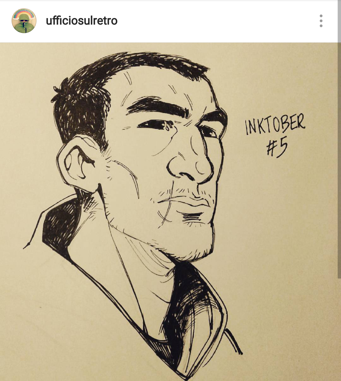 a black and white, inked sketch of a man's face. the sketch is done in a slightly exaggerated, cartoony style. the man has short, dark hair and a serious expression. he appears to be wearing a collared shirt or jacket.  the words "inktober #5" are written in the upper right corner of the drawing.