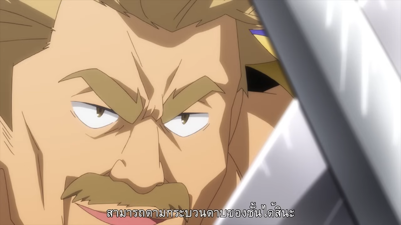 a closeup screenshot from an anime or manga, featuring a determinedlooking man with a mustache. the perspective is a dramatic closeup, with a sword's edge entering the frame from the right side, partially obscuring his face. the man has blonde hair and thick eyebrows, adding to his stern expression. the art style appears to be classic anime, with sharp lines and exaggerated features.