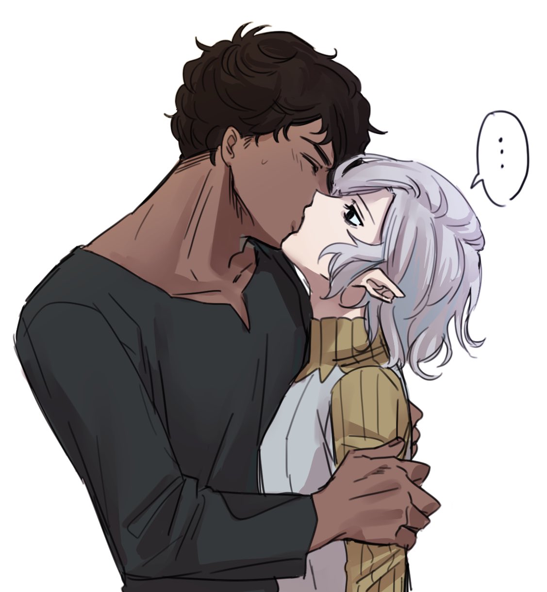 the image is a digital drawing or fanart depicting a romantic moment between a couple. the man, who appears to be of darker complexion with short brown hair, is embracing and kissing a woman with light skin and short, light gray hair. the woman has pointed ears, hinting at a possible fantasy or elflike character design.  they are dressed in casual clothing: the man in a darkcolored longsleeved shirt and the woman in a lightcolored sweater over a turtleneck. the scene is intimate and suggestive of a loving relationship. a small thought bubble near the woman indicates a moment of quiet contemplation or emotion. the art style is reminiscent of anime or manga, with soft shading and a focus on character expression and emotion.