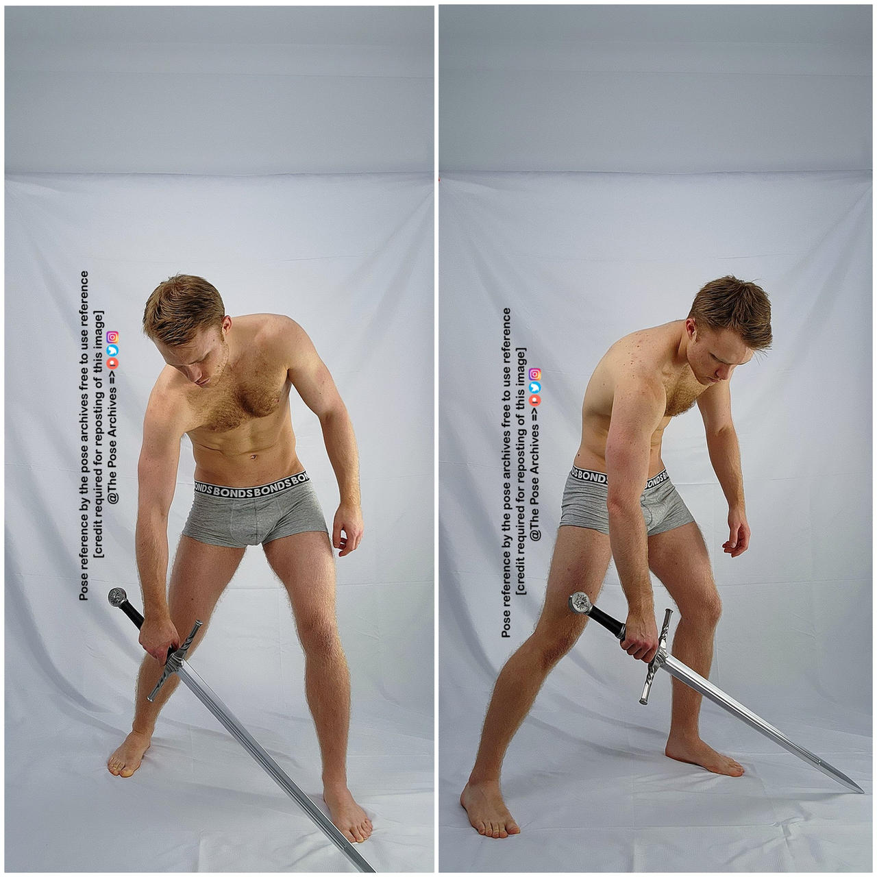 a man is in a photography studio posing with a sword. he is wearing grey boxer briefs and is holding the sword in front of him with both hands. his hair is short and blonde and he has a short beard. he is standing in front of a white backdrop and is lit from the front. the pose is dynamic and suggests action. this image is a pose reference for artists.