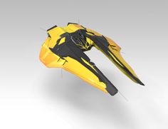 the image is a 3d model of a futuristic yellow and black spaceship. it is shown in a perspective view with studio lighting. the spaceship has a sleek design and appears to be designed for speed and agility.