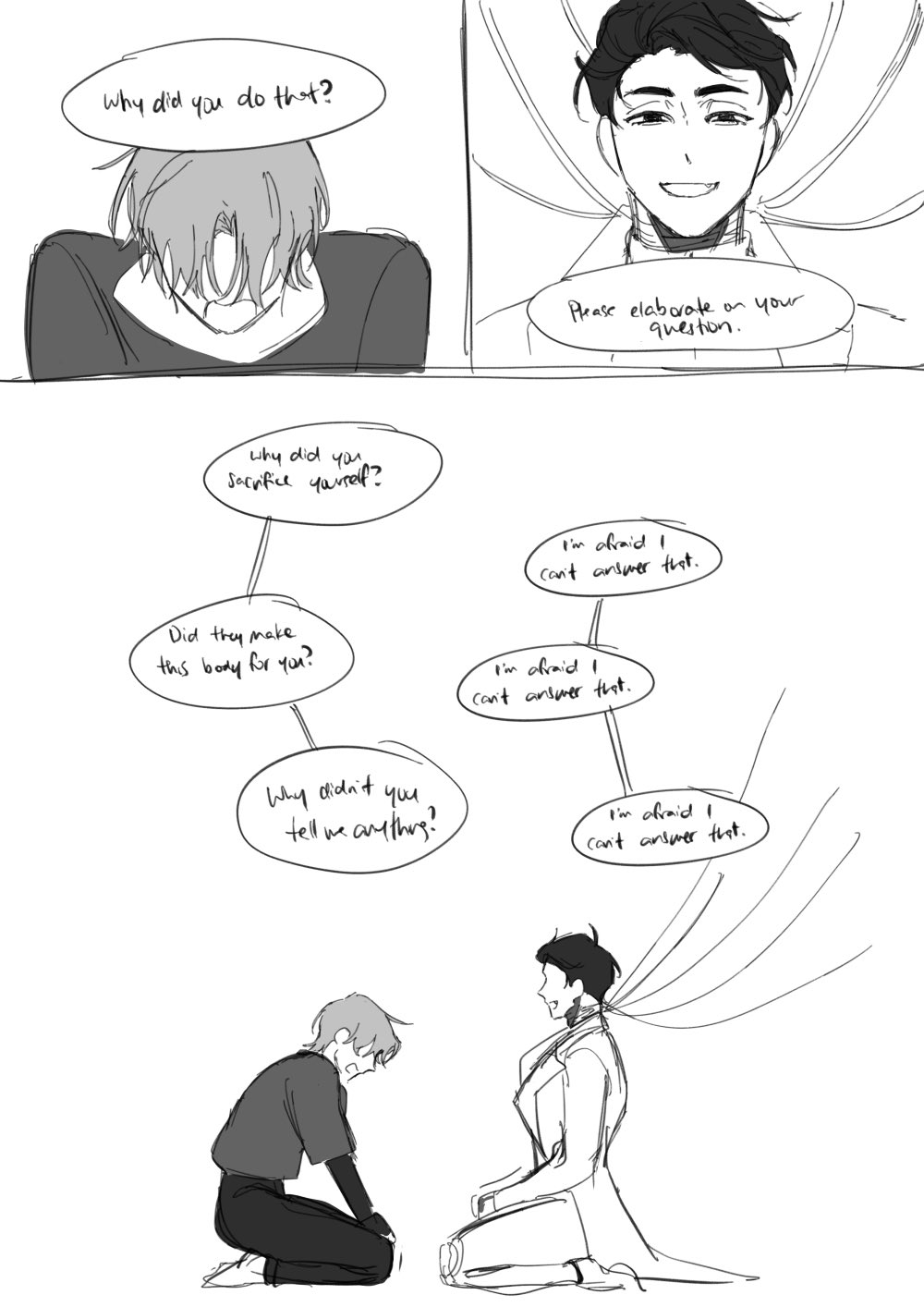 the image is a comic panel from an anime/manga style story. it features two male characters. the first character is tall and lean, he looks to be a human but with an unnatural presence. he is sitting in a chair and talking to the second character. the second character is a boy, with short hair and a distressed look. the two characters are discussing something that appears to have happened in the past. the boy is asking the tall character questions, but the tall character keeps answering that he's afraid he can't answer. the boy's body seems to be unnatural and perhaps made by the tall character. the comic panel's art style is clean and detailed.