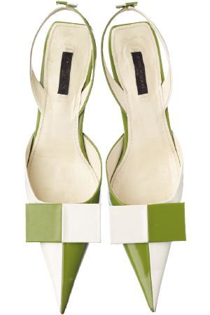 two louis vuitton slingback heels, viewed from above. the shoes are white and green, with a twotone design. each shoe has a square patch near the front with alternating white and green squares.