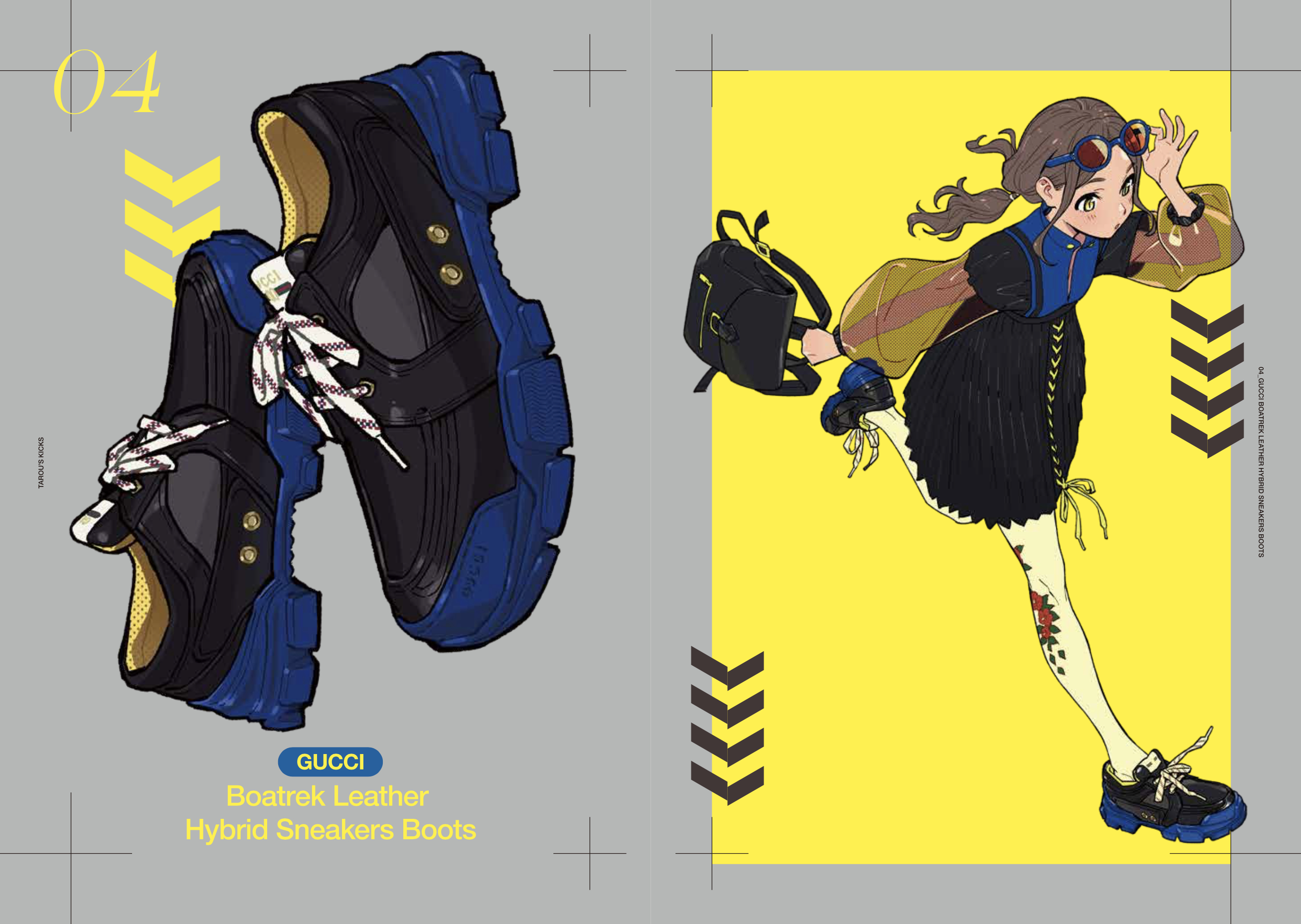 he image is a promotional graphic featuring gucci's boatrek leather hybrid sneakers boots.  on the left, a detailed illustration of the shoes is shown.  on the right, a stylized animestyle girl is depicted, running while wearing a similar pair of shoes (though with slightly different detailing).  the background is yellow, with grey accents and graphic elements.  the overall style is a blend of fashion illustration and anime aesthetics. the text "gucci boatrek leather hybrid sneakers boots" clearly identifies the product.