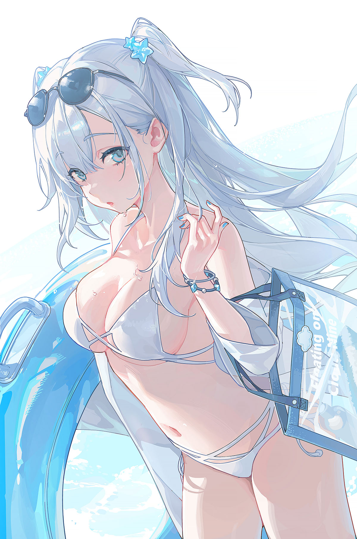 the image is a digital drawing of an anime girl with long, flowing white hair tied in two ponytails, wearing a white bikini and sunglasses. she's carrying a transparent blue bag and is partially obscured by a blue inflatable ring. the background suggests a beach setting with a clear sky. the overall style is cute and light, typical of anime fanart. the girl's expression is serene and gentle.  the artwork is highly detailed, with soft shading and a focus on light and airy color palettes.