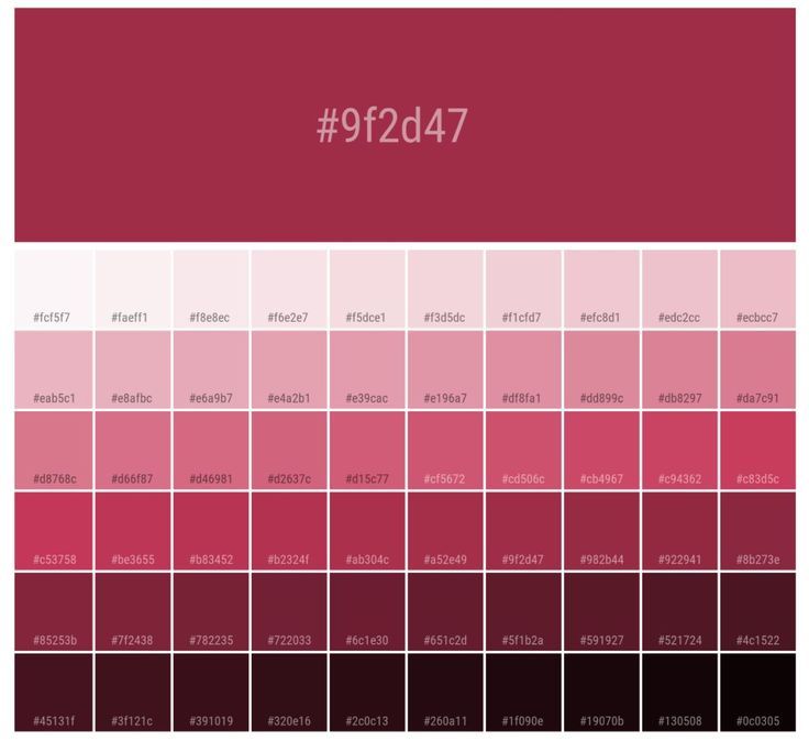the image shows a color palette with various shades of pink and red, each labeled with its corresponding hexadecimal color code. the palette is arranged in a gridlike format, showcasing the different hues and tones within the color range.