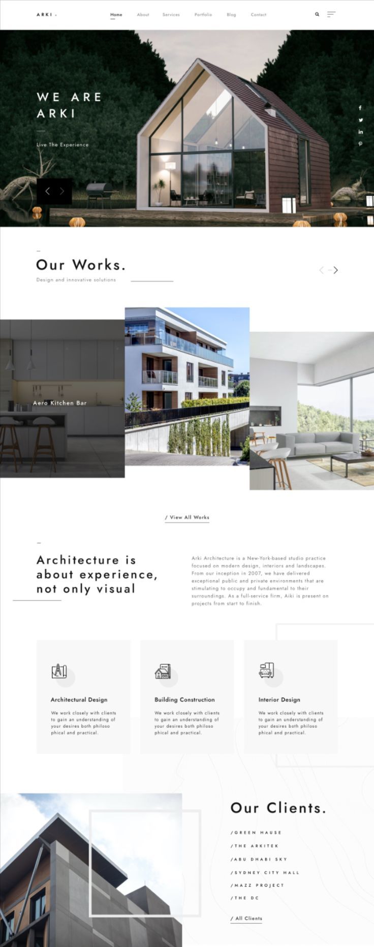 this is the screenshot of an architecture company's website. the website has a modern and minimalist design. it features a clean, white background with a few images of the company's work, including a modern house, office building and an apartment building. the text on the website is easy to read and highlights the company's services and experience in architecture. the website also features a client list and a call to action to contact the company.