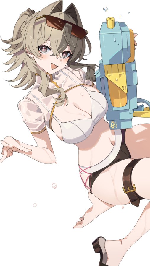 an anime girl with long brown hair is holding a water gun in her right hand. she is wearing a white shirt, a black and white bikini bottom, and brown sandals. she is smiling and pointing the water gun at the viewer. the background is white with a few bubbles.