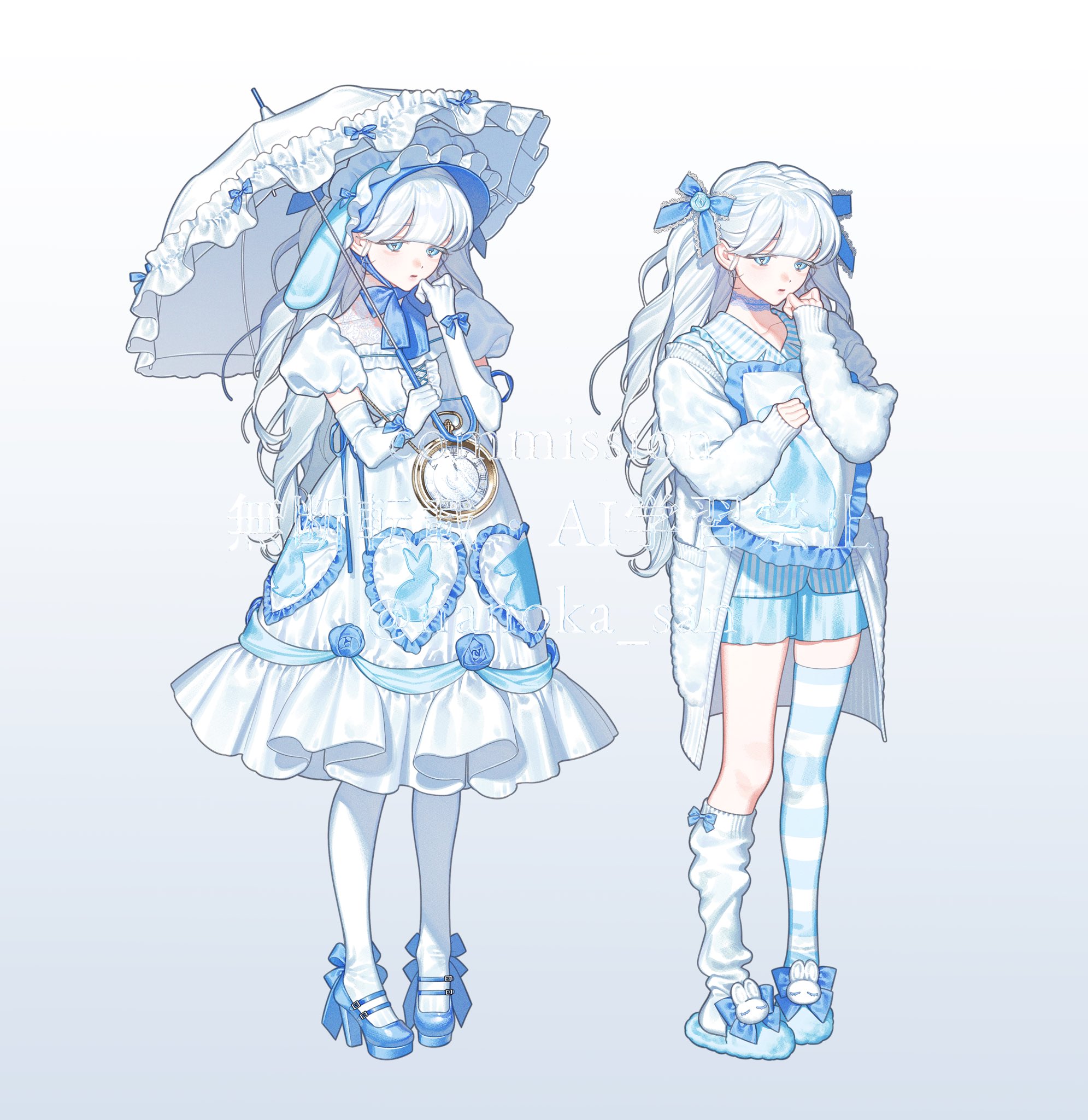 the image showcases two variations of an animestyle girl, possibly inspired by alice in wonderland.  one is dressed in a formal, aliceinspired, pale blue and white dress, complete with a pocket watch, bunny motifs, and a parasol.  she wears matching shoes and white stockings. the second girl wears a more casual outfit, sporting a blue and white cardigan, shorts, striped socks, and bunnythemed slippers. both girls have long, white hair, with one styled in twintails. the overall aesthetic is pastel, cute, and elegant. the art style is clean and detailed, characteristic of digital illustration.