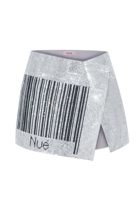 a silver mini skirt featuring a black and white barcode print. the skirt is made of a sparkly material and has a slightly loose fit. it is a great option for a casual and elegant look.