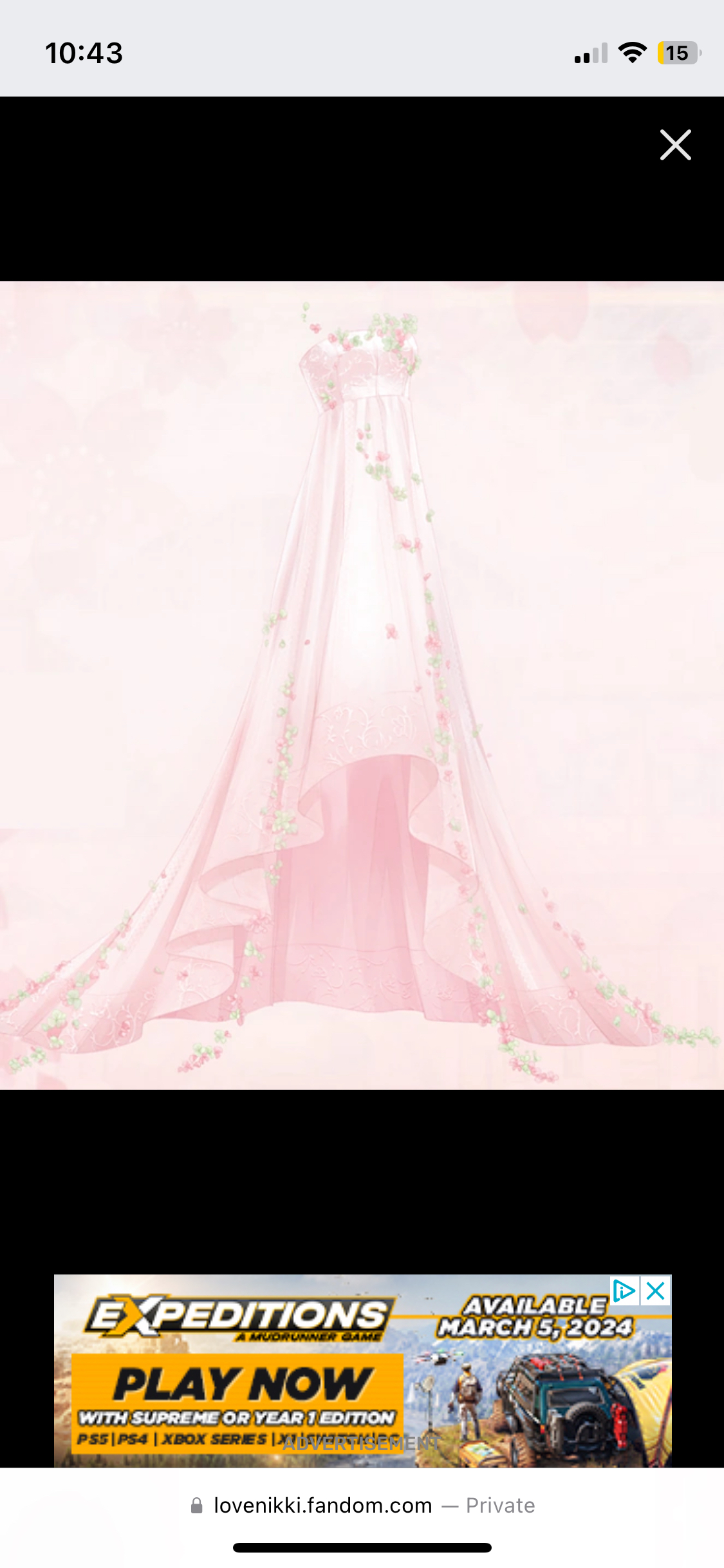 he image consists of a screenshot from a mobile device. the top half of the screenshot features a long white dress adorned with pink floral patterns and butterfly designs against a pale pink background. the bottom half of the screenshot shows an advertisement for the video game expeditions: a mudrunner game, highlighting its availability on march 5, 2024, for playstation, xbox, and pc platforms.