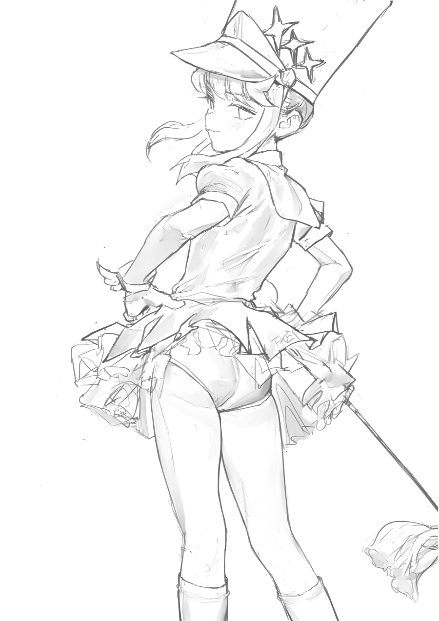 an animestyle sketch of a girl in a costume, seen from the back, wearing a hat and holding a staff.