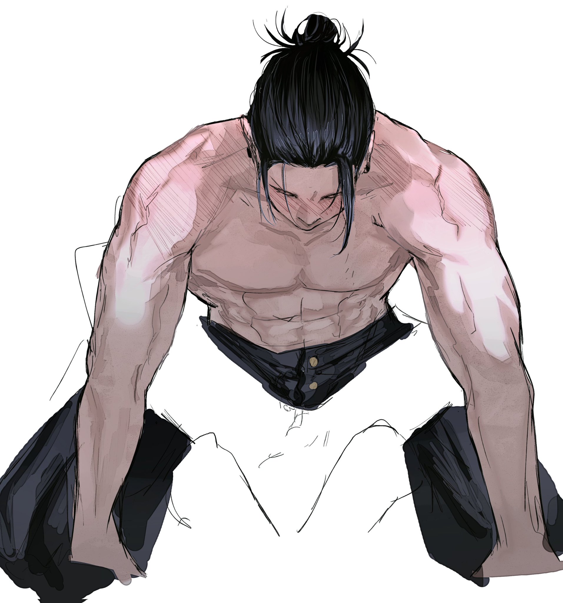 a shirtless man with black hair tied up in a bun is shown from the waist up. he has a muscular build, his abs are visible, and he is wearing black pants with white detailing. he is looking down with a serious expression. the image is drawn in a style that is reminiscent of anime or manga.