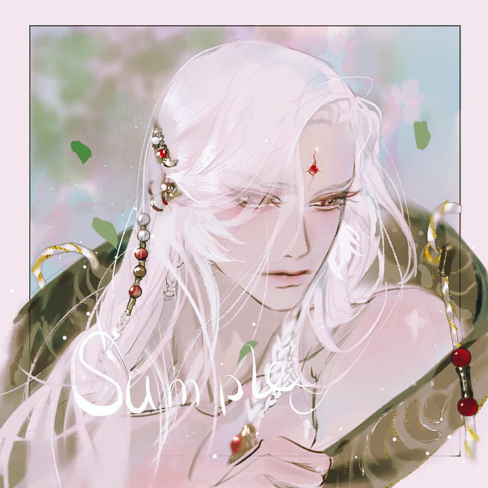 the image is a digital drawing of a young man with very pale skin and long white hair. he's wearing jewelry including a string of beads woven into his hair, an earring, and armbands. his expression is serious. the art style is ethereal, with soft lighting and a dreamy quality.  the background is primarily pale pink and green.
