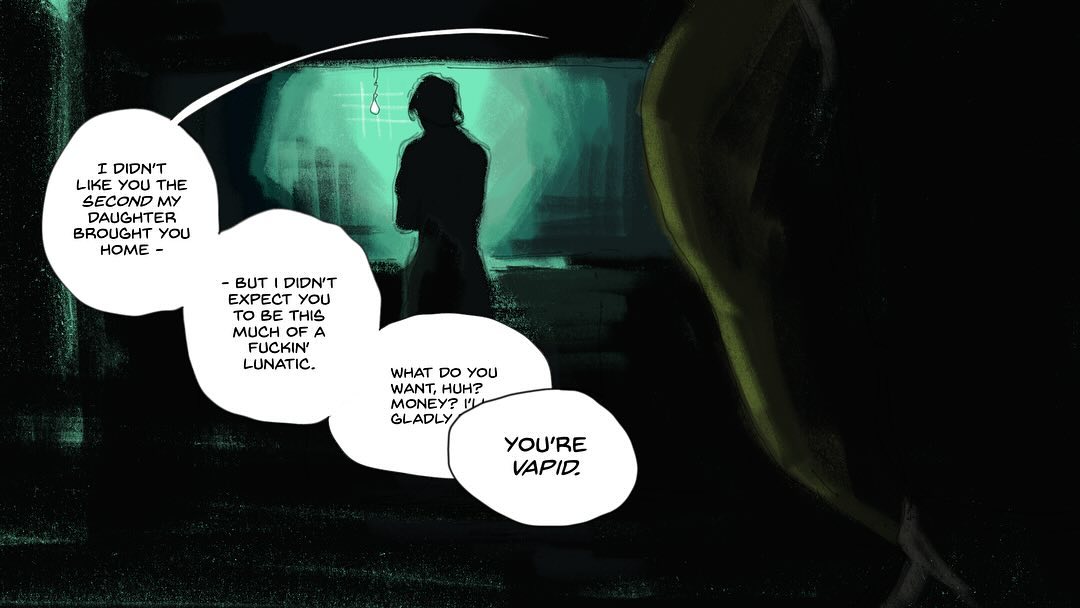 he image is a panel from a graphic novel or webtoon. it depicts a dark, moody scene with a teal and green color palette. the central focus is a silhouetted figure of a man standing in a room, while other figures in the image are partially obscured.  dialogue bubbles contain angry and frustrated dialogue. the overall tone is dramatic and intense, hinting at a conflict or argument between the characters. the artistic style is expressive and uses strong color contrasts to enhance the mood and emotion of the scene.