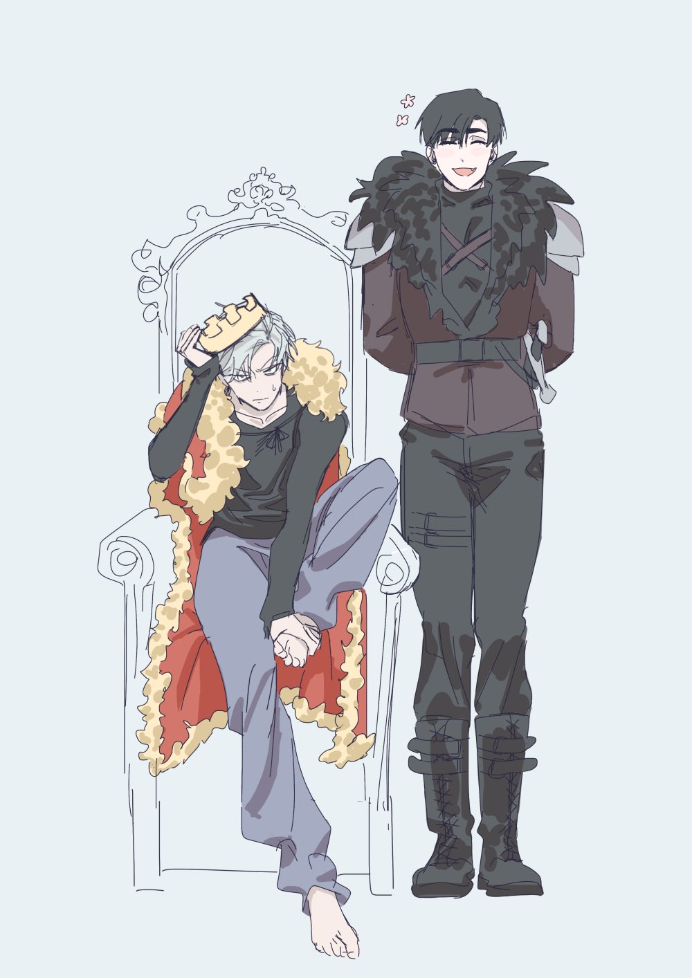 the image shows two men, one sitting and one standing. the man sitting on the throne is holding a crown and is dressed like a king. the man standing is dressed in a dark outfit and is smiling. the image is an illustration, with a cartoon style, set against a light blue background.