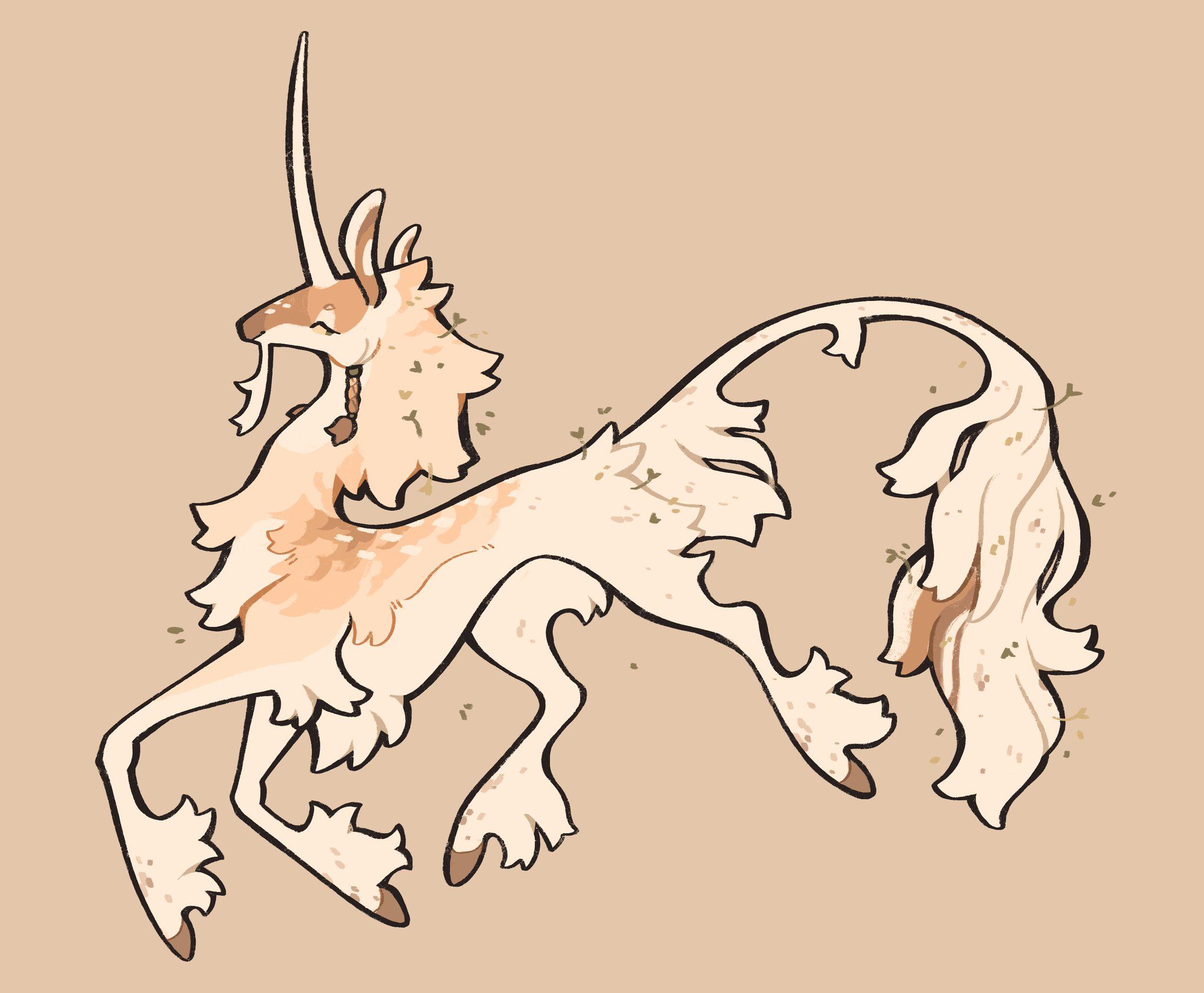 the illustration showcases a pale, creamcolored unicorn with a single, spiraled horn. it's depicted in midprance, its long, flowing tail adorned with delicate floral accents.  the unicorn's mane is equally stylized, braided with small flowers. the art style leans towards a soft, ethereal aesthetic.