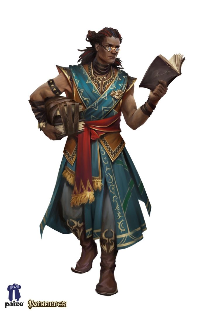the image showcases a digital painting of a male fantasy character, seemingly from the pathfinder setting (as indicated by the paizo logo). he's a darkskinned man with his hair tied back, wearing round glasses. his attire consists of a long, teal robe adorned with gold and green intricate designs, accented by a red sash. he carries a stack of bound books under his arm and holds an open book in his left hand. the character’s overall aesthetic suggests a scholarly or magical role, like a sorcerer, wizard, or mage. the art style is detailed and vibrant, typical of fantasy character illustrations for tabletop roleplaying games.