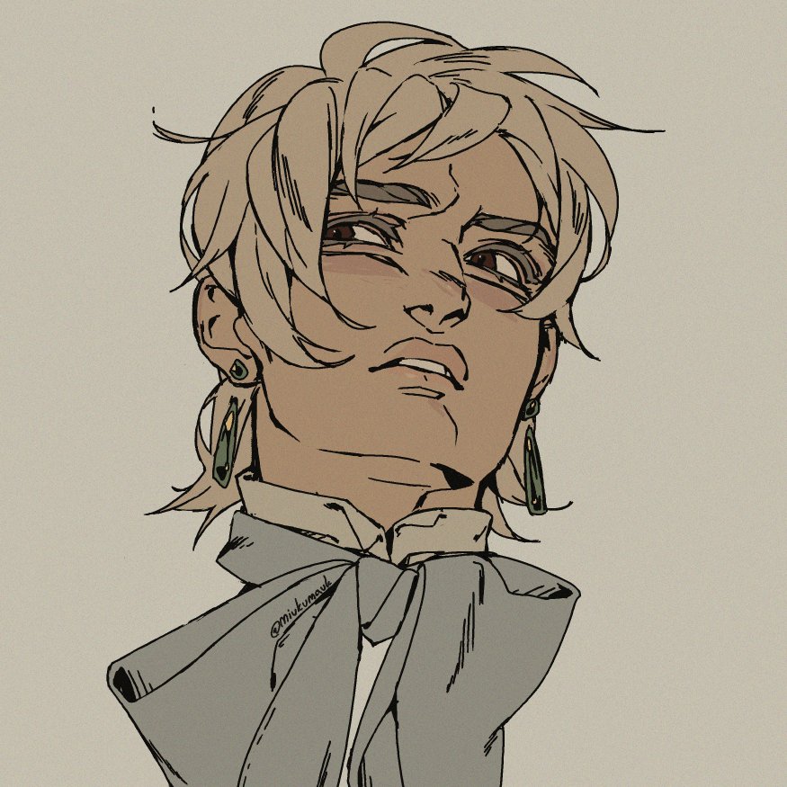 a digital illustration of a man's upper body.  the man has short blonde hair and is wearing a light colored collar and bowtie. he is looking up with a slight smirk on his face and his eyes are narrowed.  he wears large green earrings.  he appears to be in a state of contemplation.