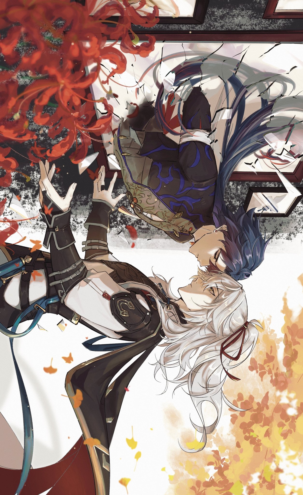 the image depicts two male anime characters, one with white hair and the other with long black hair, in a romantic pose. they are looking at each other with affection, holding hands, and leaning in close. the background features red and yellow flowers, contrasting with the white background and black and white clothing of the characters. the overall mood is gentle and intimate, suggesting a close relationship between the two.