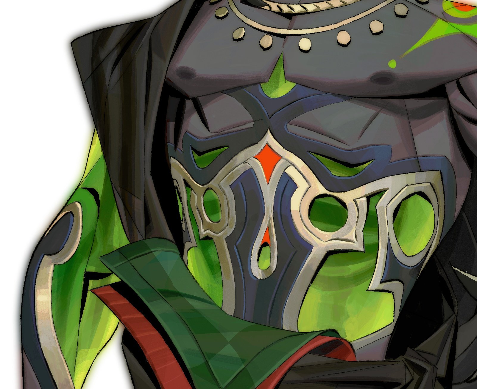 a closeup shot of a video game character's torso, showcasing intricate, stylized armor. the armor is predominantly dark with green glowing accents and ornate, tribalinspired designs. the character appears male, muscular, and powerful.  the style is reminiscent of fantasy video game art, with a focus on detail and texture.  the background is plain white, focusing attention solely on the character.  a portion of dark clothing or a cloak is visible around the shoulders and arms.