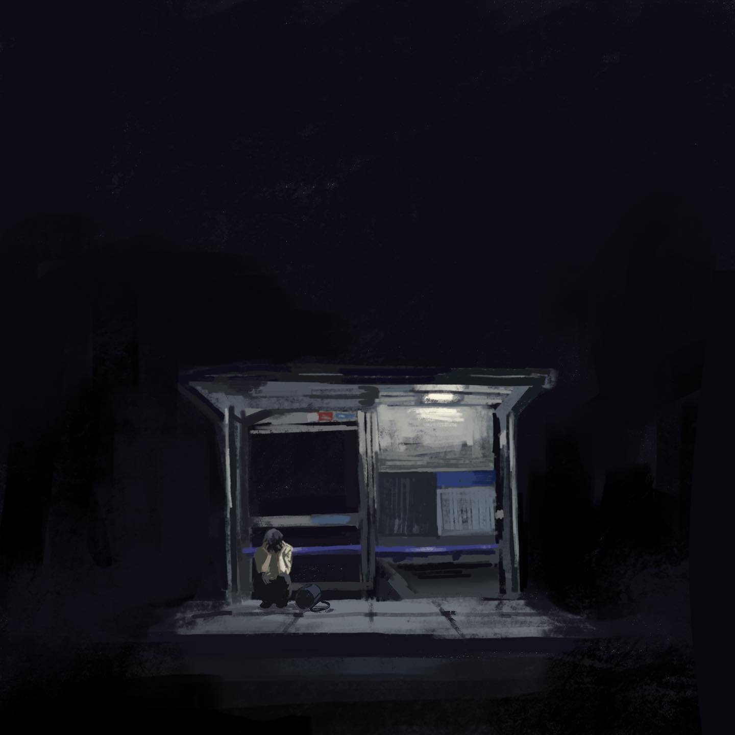 he image is a digital painting depicting a lone figure sitting at a bus stop at night. the overall mood is dark, melancholic, and lonely. the figure is hunched over, seemingly lost in thought. the bus stop is simply rendered, with a dark grey structure and dim lighting. the background is completely dark, further emphasizing the isolation of the scene. the painting uses a muted color palette of greys and blues, contributing to the somber atmosphere.  the style is painterly, with visible brushstrokes giving it a slightly impressionistic feel.