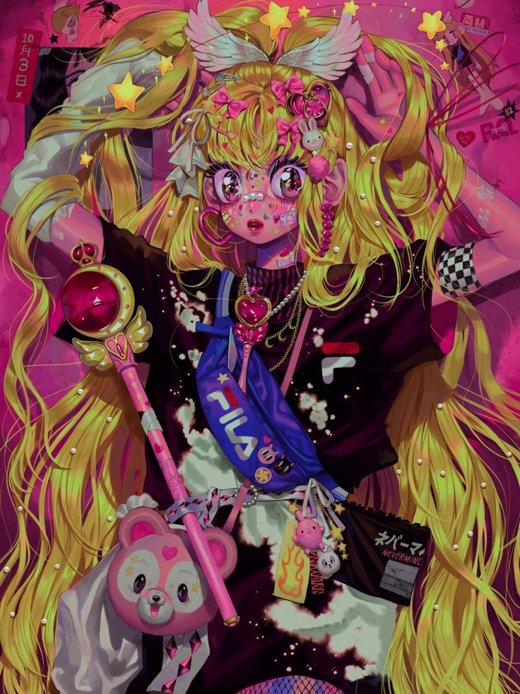 a digital illustration of a cute anime girl with blonde hair and pink and white clothing. she's holding a pink wand and wearing a blue and white bag.  she's looking at the camera with a cute expression on her face. the background is filled with stars and hearts.