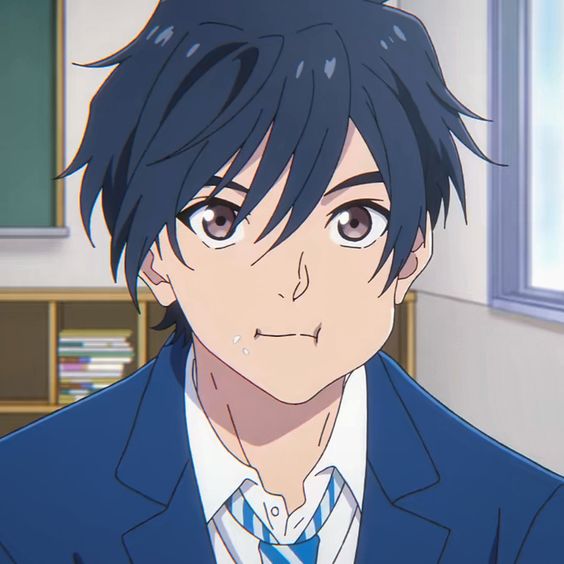 this is a digital drawing of an anime boy with short, messy blue hair and brown eyes. he is wearing a blue school uniform with a white shirt and blueandwhite striped tie. he has a slightly surprised expression on his face and his mouth is slightly open. the background is blurry and appears to be a classroom setting.