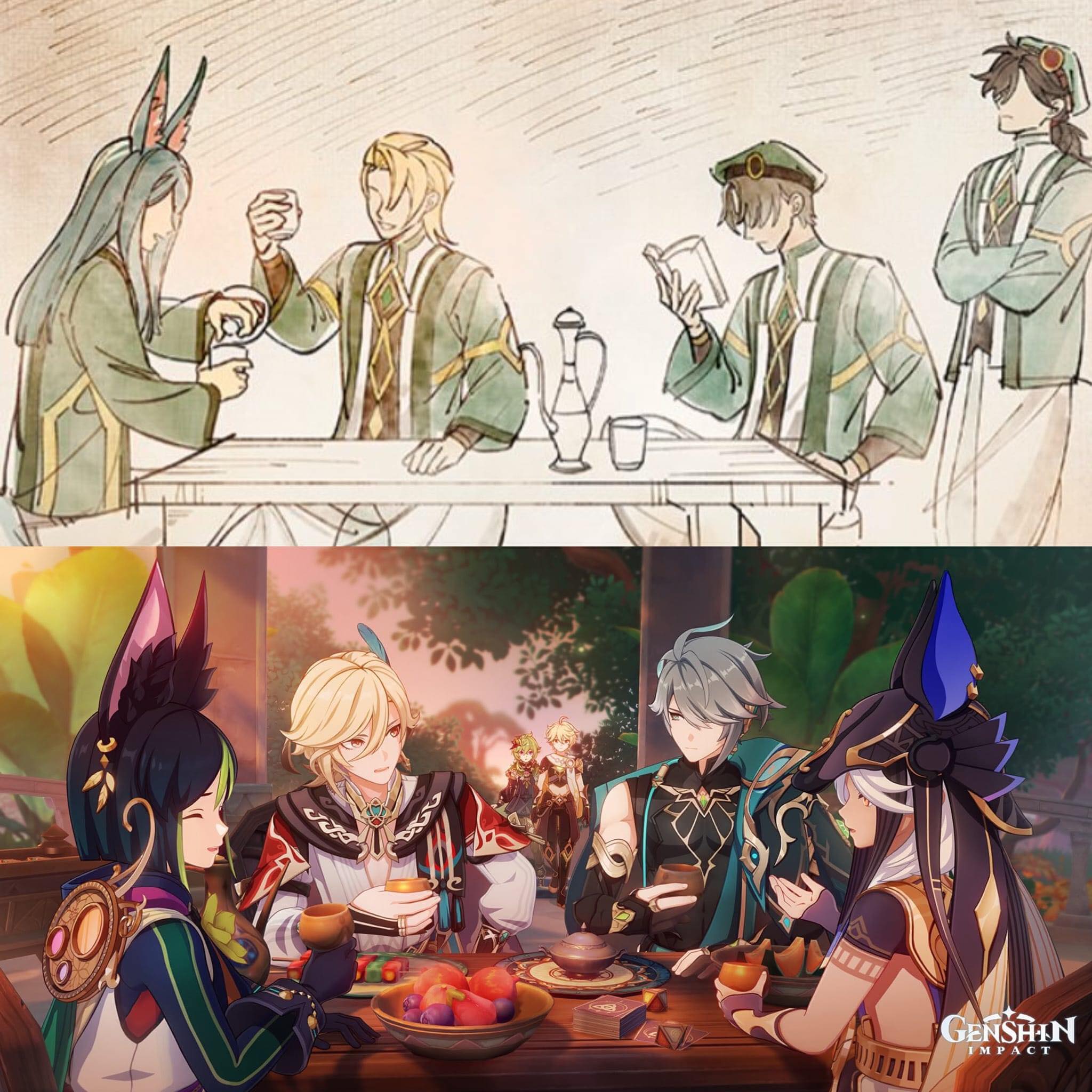 he image is a split image showing a comparison between a concept sketch and the final rendered artwork. the top half displays a pencil sketch of four characters – two men and two women – sitting around a table, seemingly having tea. they are dressed in traditionallooking clothing with long sleeves and robes. their expressions are calm and collected. the bottom half shows the final, fullcolor illustration of the same scene, but now with five characters gathered at a table, including the four from the sketch, with a fifth character added to the group. the characters in the rendered image are more detailed, with richer colors, complex designs, and expressive features. the background in the final artwork is more detailed, showing lush greenery and a shaded pavilion where the characters are sitting. the style and composition of the final artwork are consistent with the art style of the popular video game "genshin impact," as indicated by the logo in the corner. the image shows a significant improvement in detail and artistic render, demonstrating the evolution from a basic sketch to the polished product seen in the final artwork.