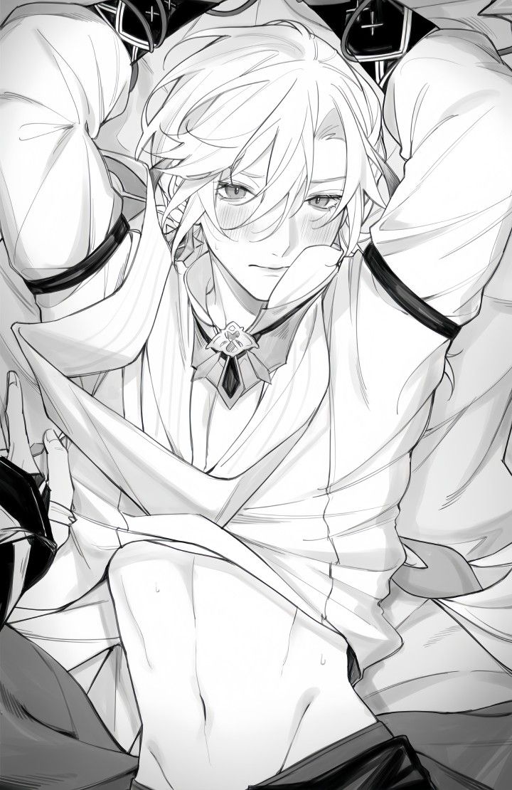 the image is a monochrome drawing, possibly fanart, depicting a young man with long white hair. he's dressed in loose, white clothing, and his expression is soft, almost shy. his body is partially exposed, revealing his chest and stomach. the style is reminiscent of manga or anime, with a focus on suggestive poses and details.  a hand appears to be gently holding or touching him. the overall mood is intimate and sensual.