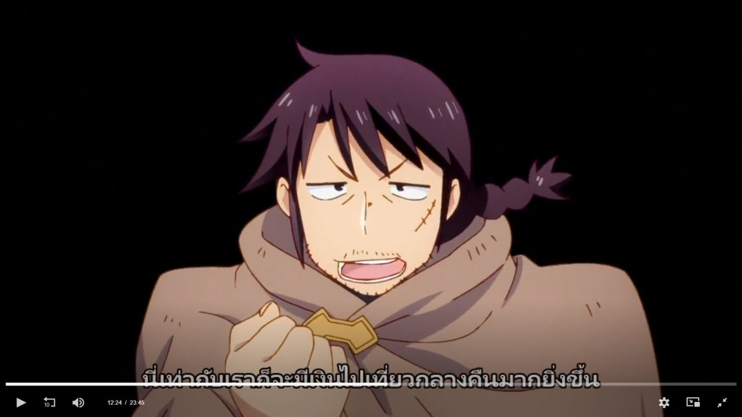 this is an image from an anime series. it shows a male cartoon character with purple hair, a beard, and brown clothes. he is speaking, looking surprised and has a surprised expression on his face. he has his mouth open and a large, exaggerated expression. the character is in front of a dark background with a screen with thai subtitles at the bottom of the image.