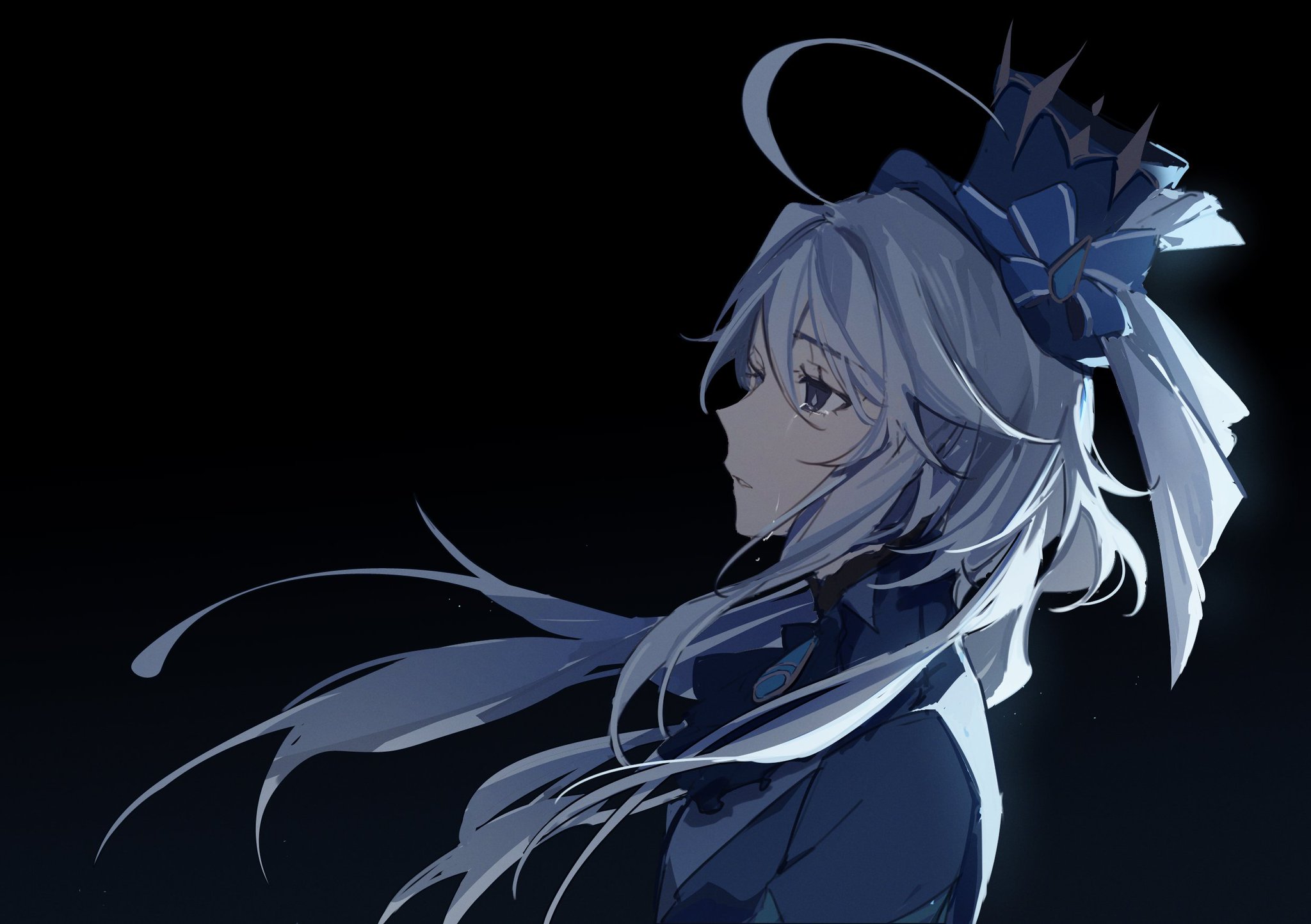 this is a portrait of an anime girl with long, white hair. she's wearing a blue dress and a hat. her eyes are closed and she's crying. the background is black and the only light is coming from her hair and dress. she looks very sad.