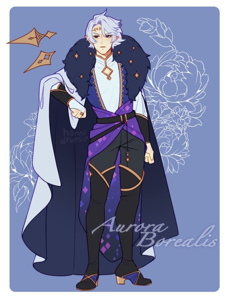 this is a digital illustration of a male anime character in a regal outfit. he has long white hair, blue eyes, and wears a white shirt, a long blue and black coat with golden stars, and a purple belt over black pants with diamond patterned leggings. he is standing in front of a background of stylized flowers. the words "aurora borealis" are written below him.