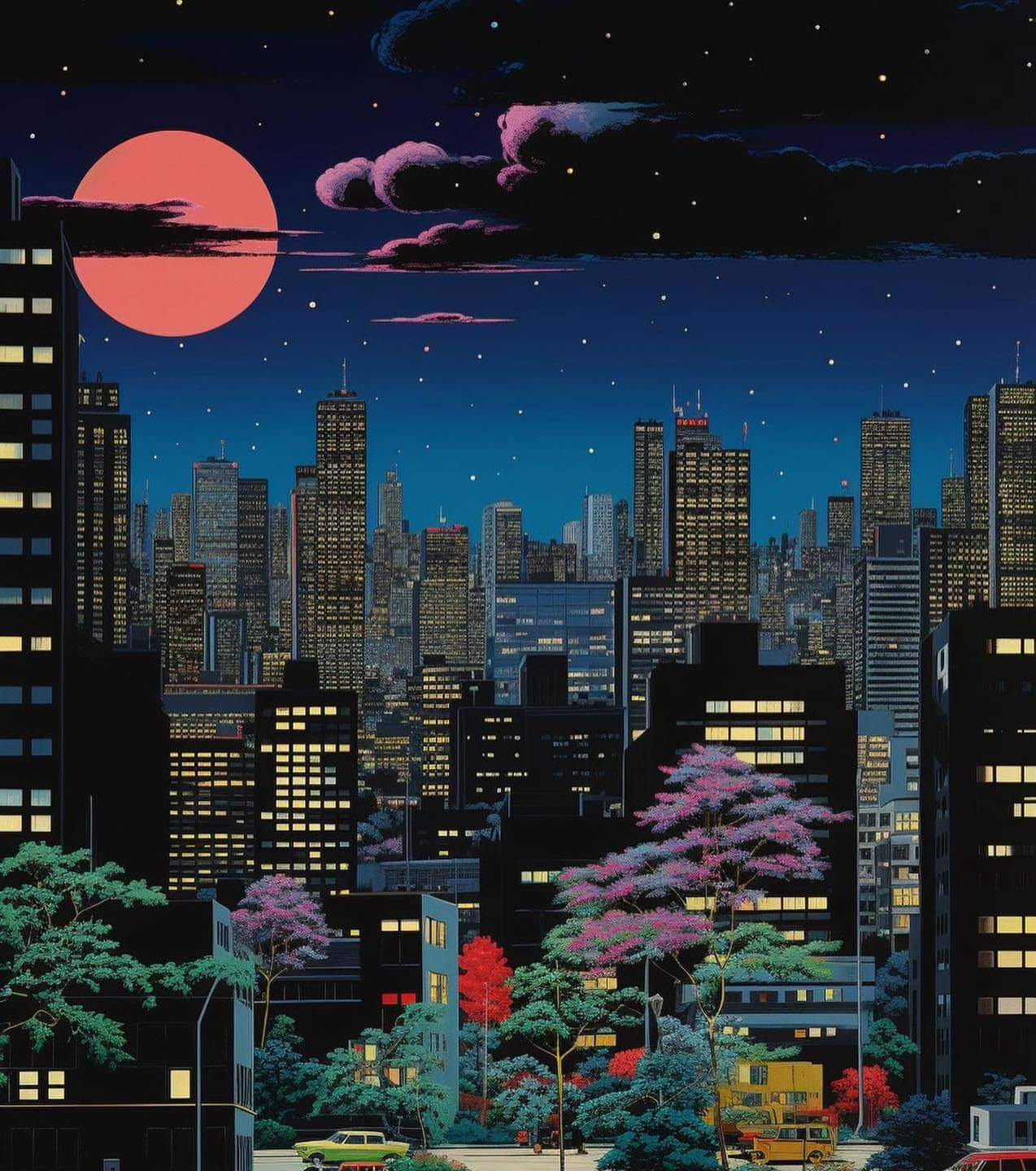 the image is a vibrant and detailed illustration or digital painting depicting a nighttime cityscape.  the scene is dominated by tall skyscrapers illuminated with warm lights against a deep blue, starry night sky. a large, vibrant pink moon hangs low in the sky, partially obscured by soft, purplish clouds.  the city is filled with various buildings of different heights and designs, suggesting a dense, modern urban environment.in the foreground, lush, stylized trees with pink, purple and red foliage are planted along a street. a few cars are parked or driving on the street. the overall style evokes a retro, perhaps 80s or synthwave aesthetic, with its sharp lines, vibrant colors, and dreamlike quality. the scene conveys a sense of calm and tranquility despite the bustling city life implied. the level of detail and the artistic style strongly suggests intentional design, like a piece of concept art or album cover art.