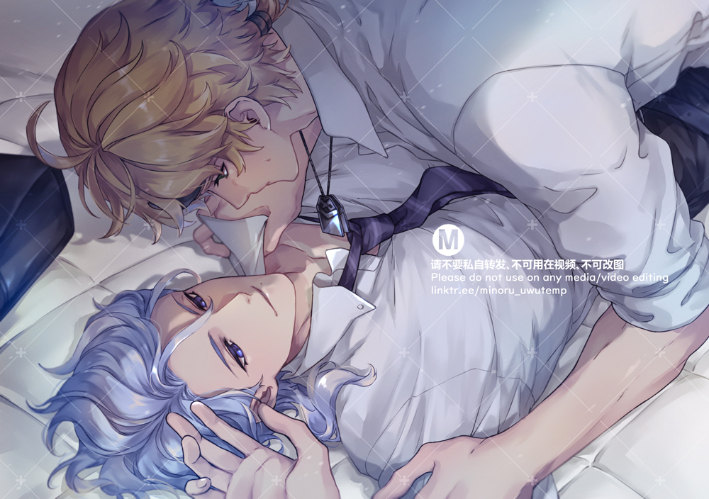 this anime drawing shows a scene of two boys, one with blonde hair and blue eyes, and the other with blue hair and green eyes, in a very affectionate setting. the blond boy is leaning over the bluehaired boy with his arm around his back, and their faces are very close together. the bluehaired boy is looking up at the blond boy with a soft expression, and they are both very much enjoying each other's company. the drawing is done in a very soft and romantic style, with light blues and purples as the dominant colors, and the shading and detail are very soft and subtle.
