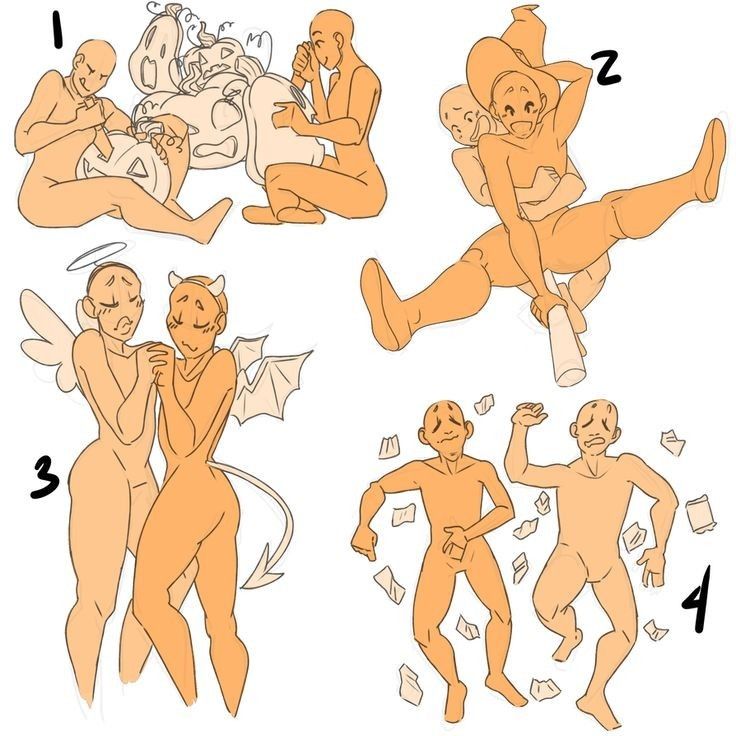 this image shows a collection of four different poses for drawing.  the first pose shows two characters carving a jackolantern,  the second shows a witch carrying a character on her back, the third shows an angel standing next to a devil, and the fourth shows two characters surrounded by papers. these poses are useful for artists who are looking for inspiration for their drawings.