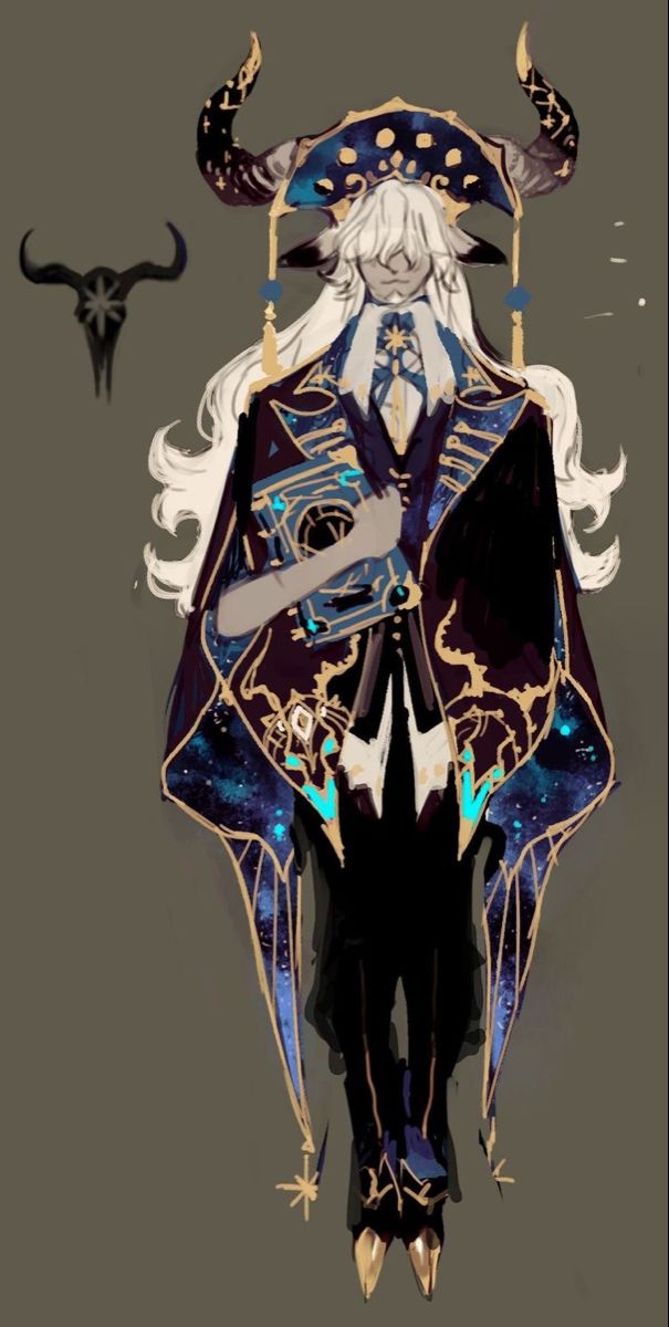 this digital illustration depicts a male anime character with black, blue, and gold accents. the character has white hair, black horns, and a black hat with golden accents. the character is wearing a black jacket with gold accents and a blue and gold cape adorned with stars. he is holding a closed book with a black cover and gold accents. the character is in a magical pose with wings extending behind him. the background is a muted gray.