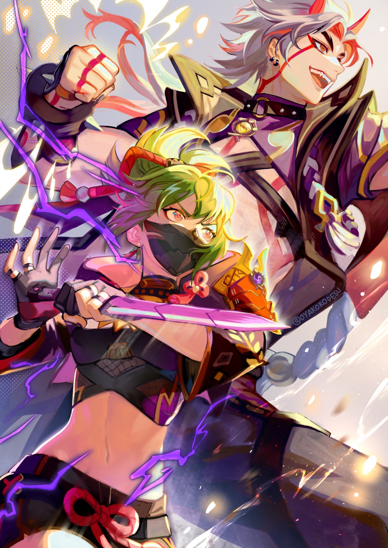 this is an artwork showing the characters raiden shogun and kuki shinobu from the video game genshin impact. raiden shogun is in the foreground, while kuki shinobu is in the background. they are both in fighting stances, and raiden shogun is holding a katana. raiden shogun has white hair with a red marking on her forehead, and she is wearing a purple and black outfit. kuki shinobu has green hair and is wearing a purple and orange outfit. they are both surrounded by lightning.