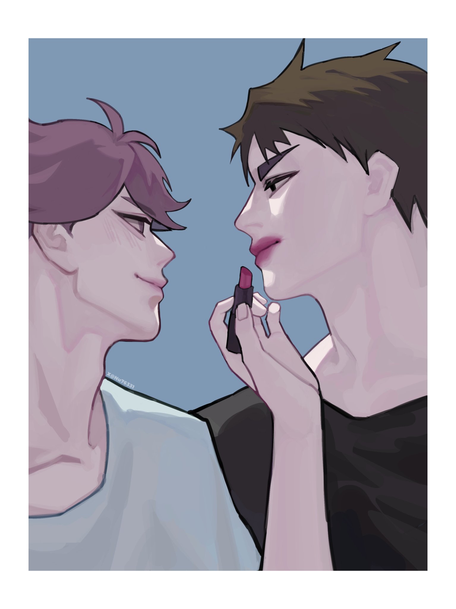 the image is a digital illustration of two anime boys. the boy on the left is wearing a light blue shirt. the boy on the right is wearing a black shirt. the boy on the right is putting lipstick on the boy on the left's lips. they both appear to be in love and enjoying each other's company.  the illustration is drawn in a soft and colorful style. the background is a light blue.