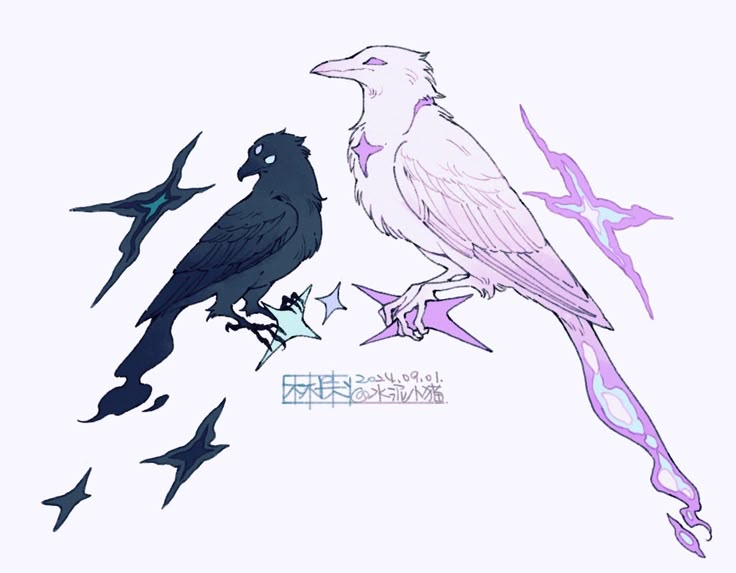 the image depicts two stylized birds, one dark and one light, surrounded by floating magical star shapes. the dark bird is black with glowing white eyes and rests on a light blue star. smaller black shapes resembling stylized wings surround it. the lighter bird is primarily white with purple accents, also with glowing eyes and a purple star on its chest, resting on a purple star. its tail feathers extend into a flowing, ethereal form. purple shapes like wings float behind it. the overall style is illustrative and fantastical.