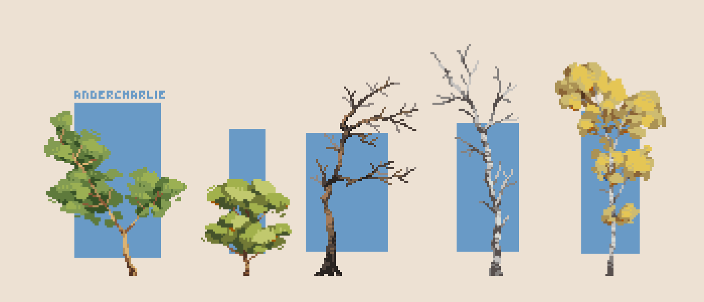 the image showcases a collection of pixel art trees, each with a distinct style and seasonality.  there are five trees in total. one is a vibrant green tree with full foliage, possibly representing spring or summer. another is a similar green but shorter. another depicts a bare, brown tree suggesting winter or autumn.  a tall, slender birch tree with white bark displays a winter scene. a final tree displays autumnal colors. each tree is set against a blue rectangular background. the artist's signature, "andercharlie," is subtly included in the top left corner.  the overall style is reminiscent of video game assets or a simple nature illustration.