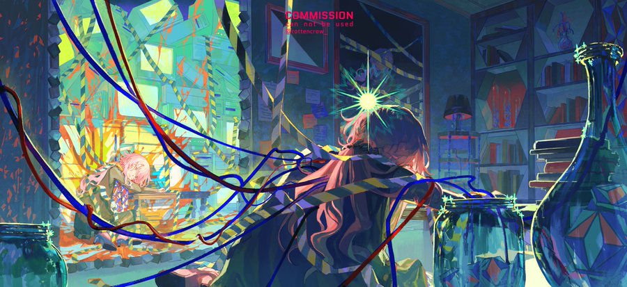 a digital painting of an anime girl with pink hair in a futuristic setting. the girl is tangled up in a mess of wires and glass bottles. there is a bookshelf filled with books in the background. the painting is a vibrant mix of colors and textures, and it creates a sense of energy and chaos.