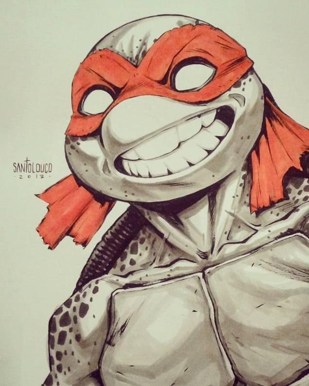 a closeup drawing of a teenage mutant ninja turtle, possibly leonardo, with a red mask and a sly grin. the drawing is done in black and white ink with some red coloring. the turtle is in a heroic pose with his shell visible and his signature katana sword not shown.