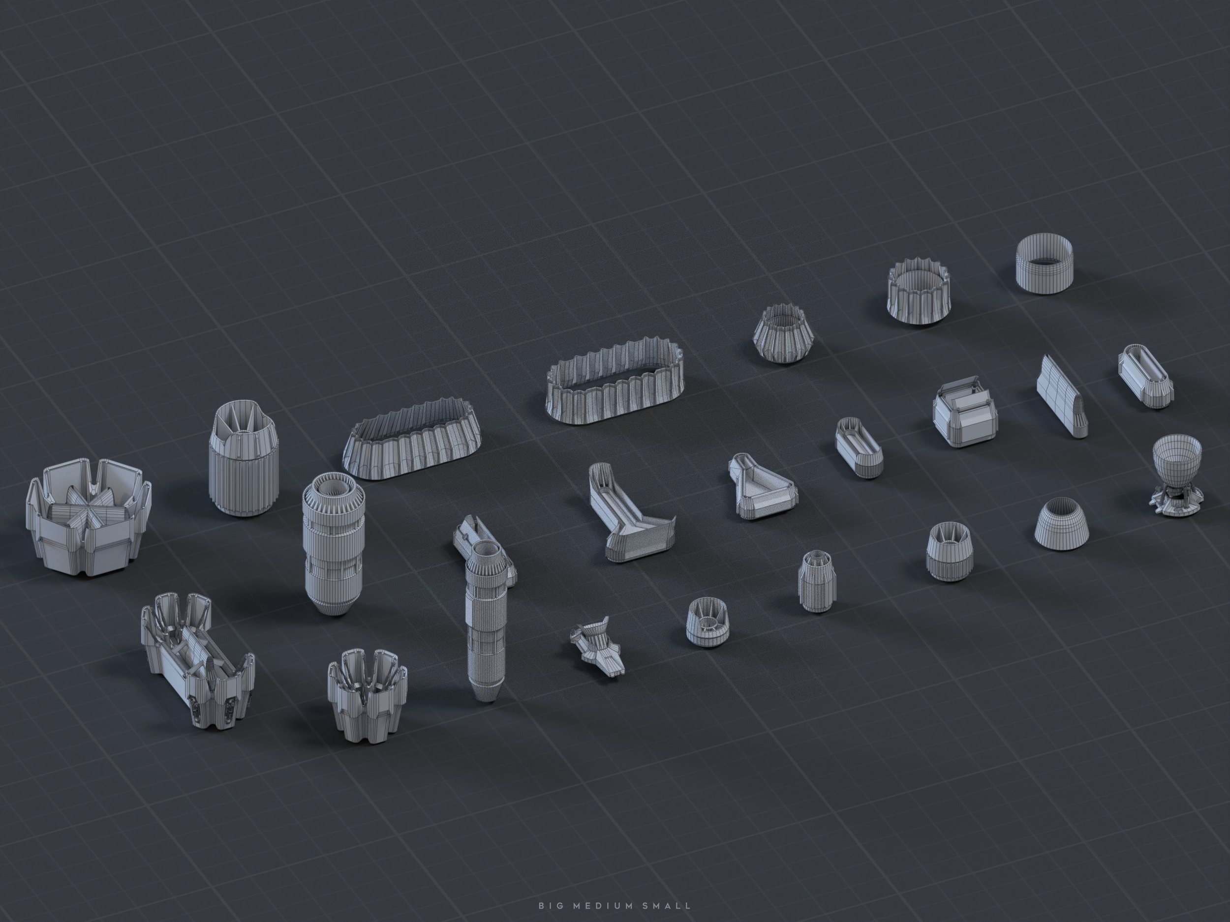 he image shows a 3d wireframe render of various mechanical parts, possibly engine components.  the parts are scattered on a dark grey gridded background. the parts vary in size and shape, with some appearing larger, medium, and small, as indicated in the caption. they are all rendered in a monochromatic grey, and the wireframe style allows for a clear view of their intricate details. the overall impression is of a collection of industrial components or parts for a larger machine.